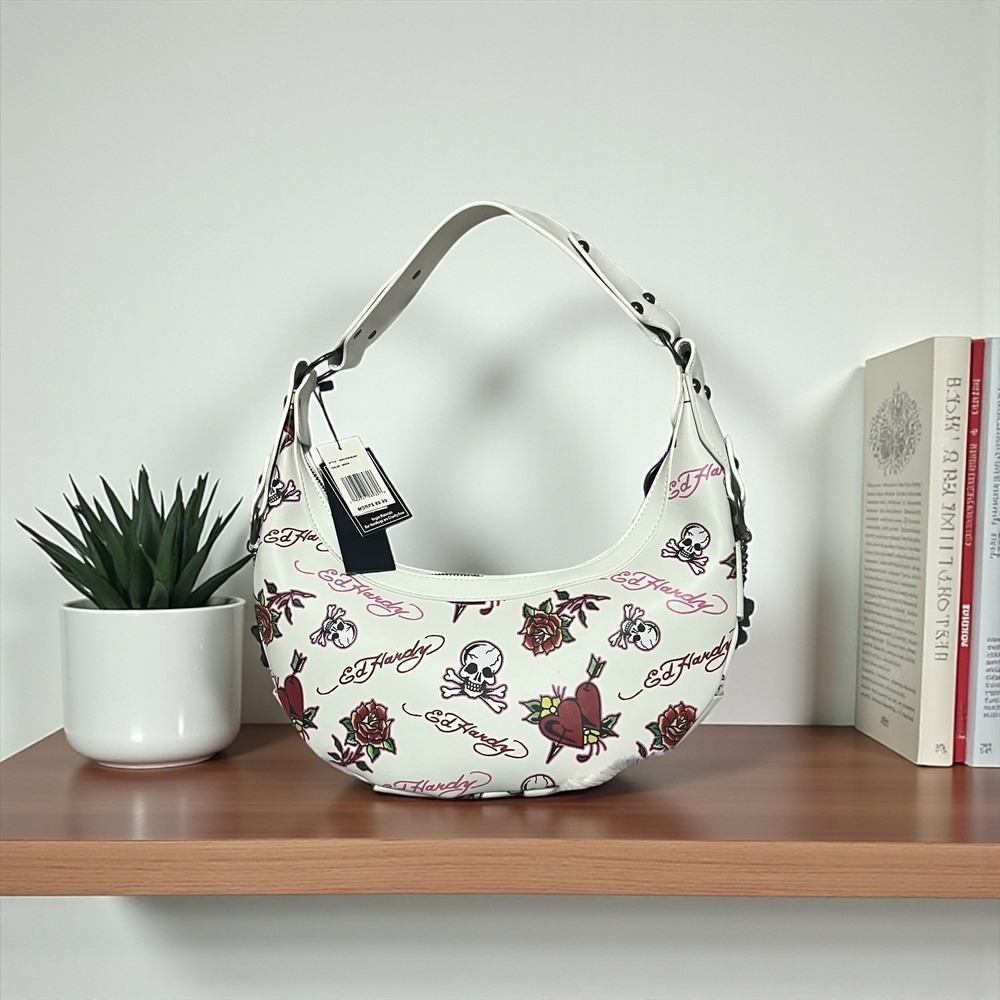 Ed Hardy White Skull Rose Tattoo Print Hobo Shoulder Bag Studded Punk Rock
